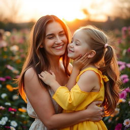 A heartwarming scene of a young girl tenderly kissing her mother on the cheek, in a serene and loving environment
