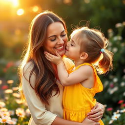 A heartwarming scene of a young girl tenderly kissing her mother on the cheek, in a serene and loving environment