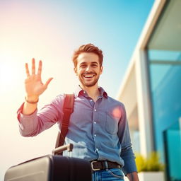 A cheerful man with a warm smile saying goodbye, standing outdoors with a bright, sunny background