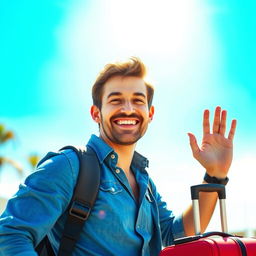 A cheerful man with a warm smile saying goodbye, standing outdoors with a bright, sunny background