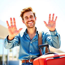 A cheerful man with a warm smile saying goodbye, standing outdoors with a bright, sunny background