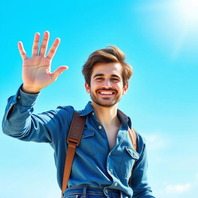 A cheerful man with a warm smile saying goodbye, standing outdoors with a bright, sunny background