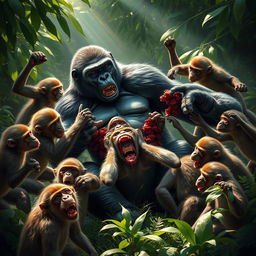 A dramatic scene depicting 10 monkeys engaging in a fierce battle against an injured gorilla
