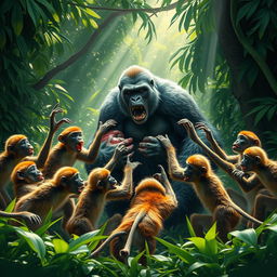 A dramatic scene depicting 10 monkeys engaging in a fierce battle against an injured gorilla