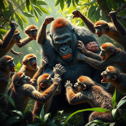 A dramatic scene depicting 10 monkeys engaging in a fierce battle against an injured gorilla