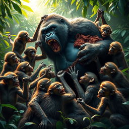 A dramatic scene depicting 10 monkeys engaging in a fierce battle against an injured gorilla