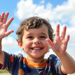 A cheerful young child with bright eyes and a big smile, waving goodbye with joyous excitement