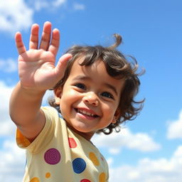 A cheerful young child with bright eyes and a big smile, waving goodbye with joyous excitement