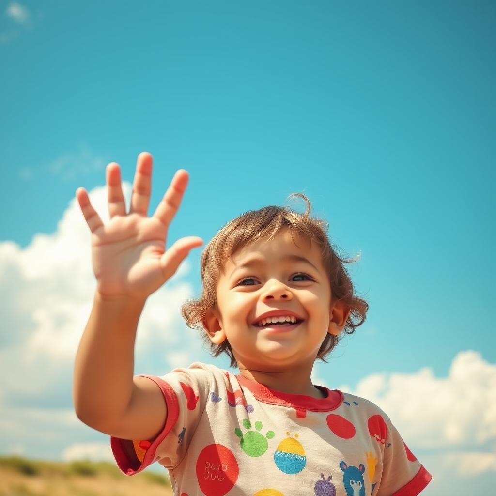 A cheerful young child with bright eyes and a big smile, waving goodbye with joyous excitement