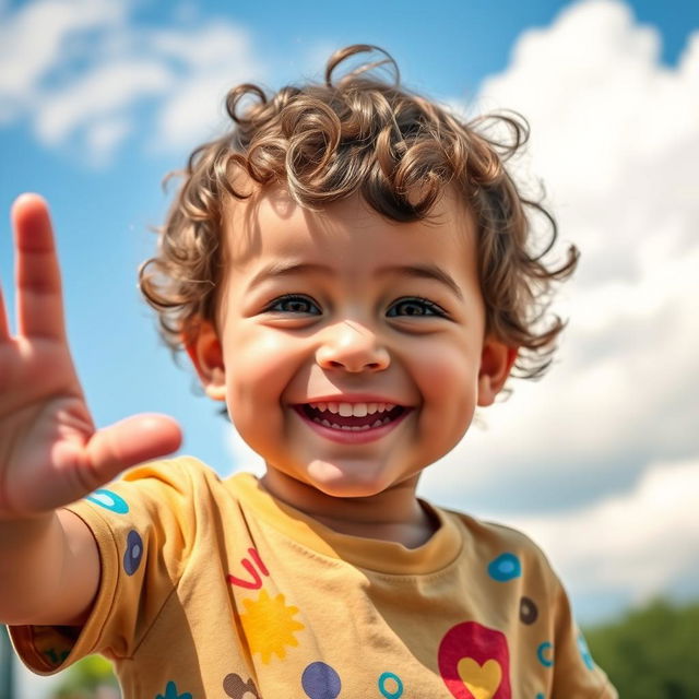 A cheerful young child with bright eyes and a big smile, waving goodbye with joyous excitement