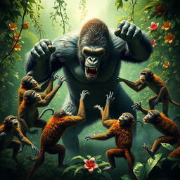 A dramatic scene depicting ten monkeys battling against a gorilla