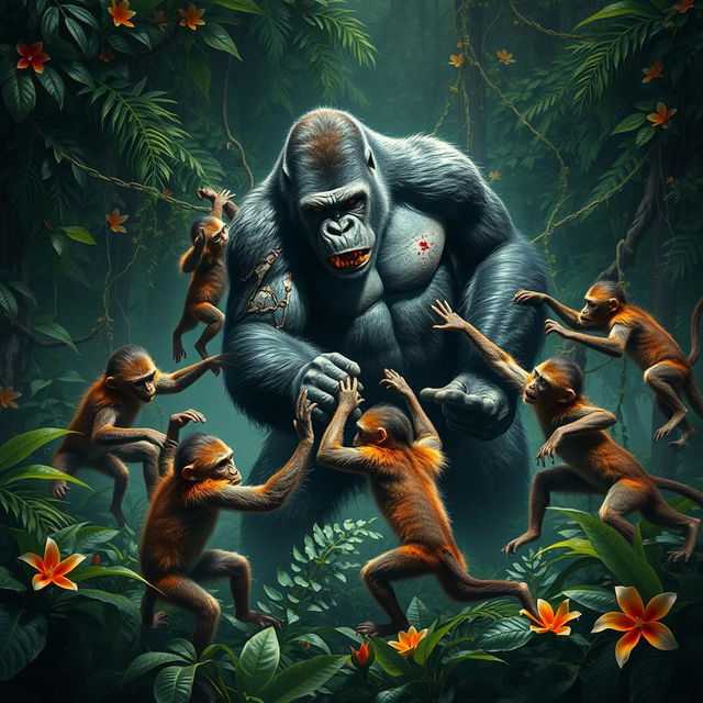 A dramatic scene depicting ten monkeys battling against a gorilla