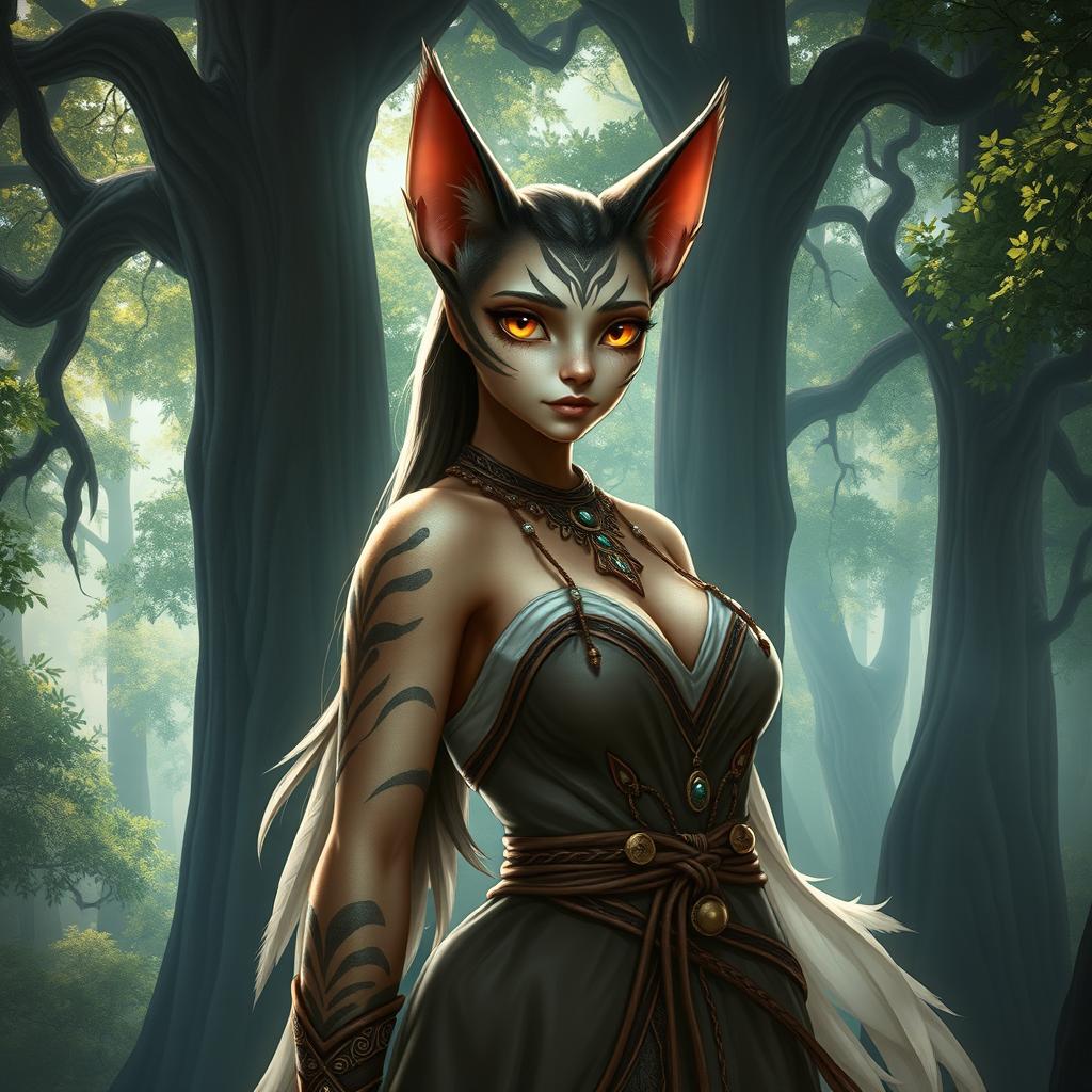 A striking half-elf, half-tabaxi character, elegantly poised in a mystical forest setting