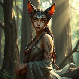 A striking half-elf, half-tabaxi character, elegantly poised in a mystical forest setting