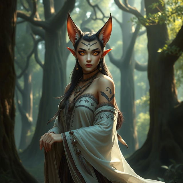 A striking half-elf, half-tabaxi character, elegantly poised in a mystical forest setting