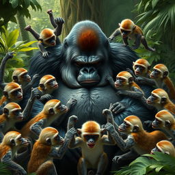 A dynamic and intense scene depicting 20 monkeys playfully surrounding a slightly exhausted gorilla in a jungle setting