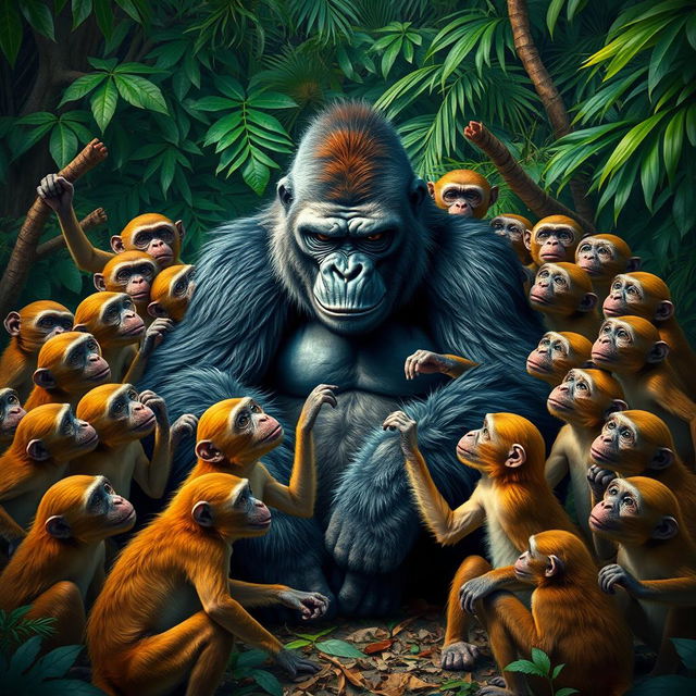 A dynamic and intense scene depicting 20 monkeys playfully surrounding a slightly exhausted gorilla in a jungle setting