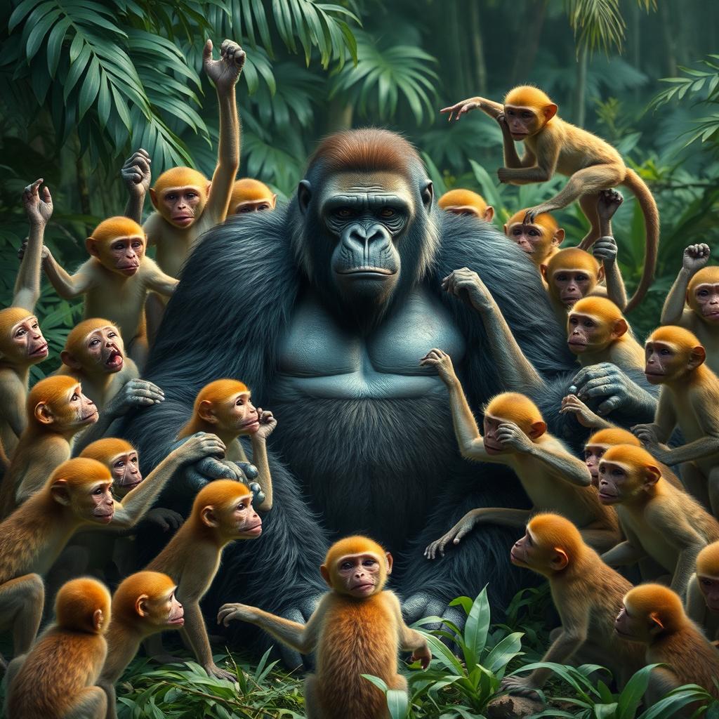 A dynamic and intense scene depicting 20 monkeys playfully surrounding a slightly exhausted gorilla in a jungle setting