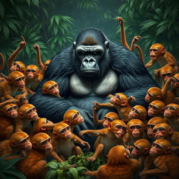 A dynamic and intense scene depicting 20 monkeys playfully surrounding a slightly exhausted gorilla in a jungle setting