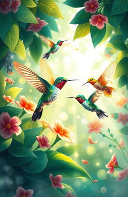 A beautifully illustrated scene depicting the themes of DNA echoes and wisdom of life, featuring vibrant hummingbirds in flight