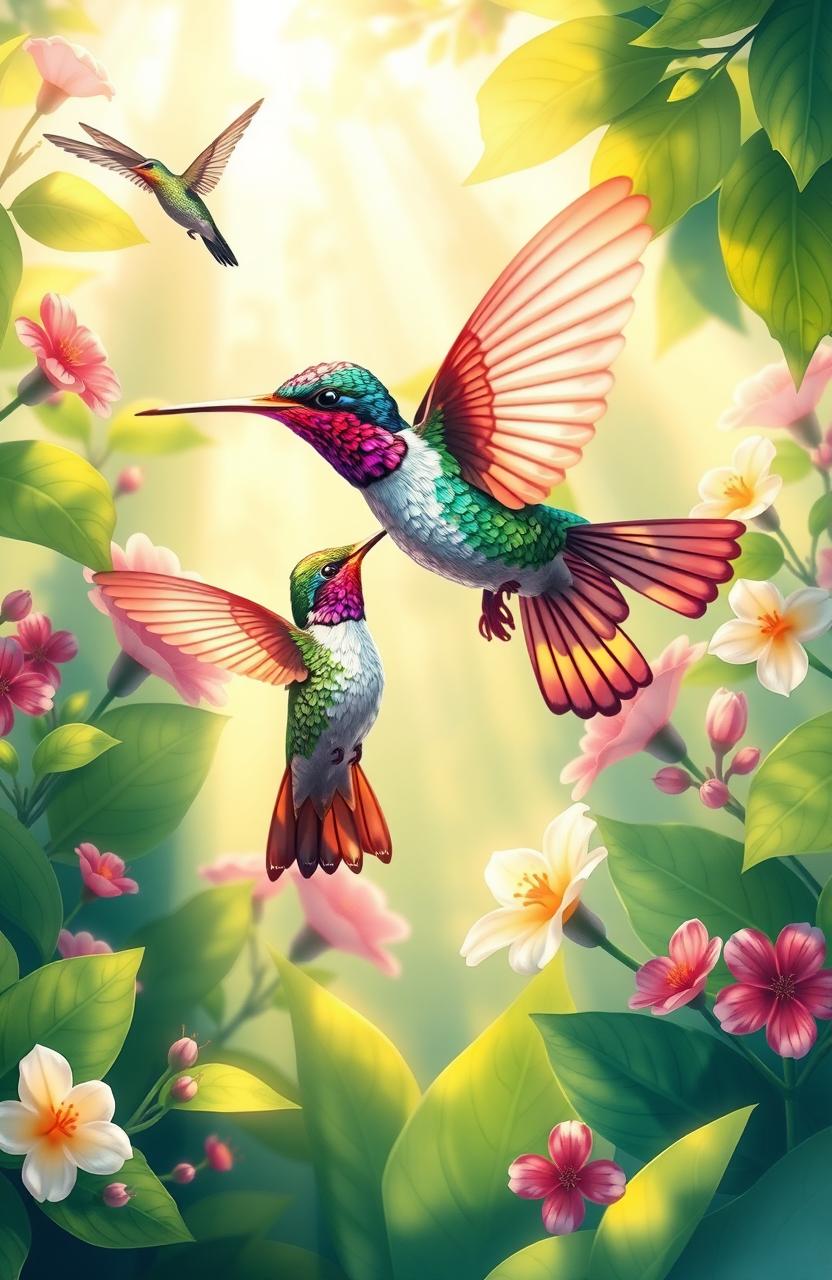 A beautifully illustrated scene depicting the themes of DNA echoes and wisdom of life, featuring vibrant hummingbirds in flight