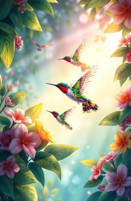 A beautifully illustrated scene depicting the themes of DNA echoes and wisdom of life, featuring vibrant hummingbirds in flight