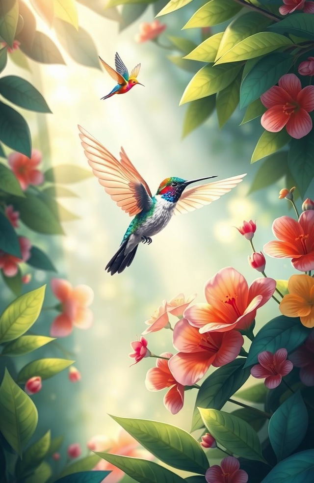 A beautifully illustrated scene depicting the themes of DNA echoes and wisdom of life, featuring vibrant hummingbirds in flight