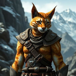 A detailed portrait of an Ohmes-Raht Khajiit from the Skyrim universe, showcasing a unique blend of feline and humanoid traits