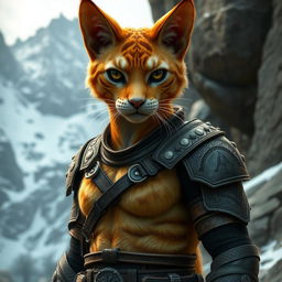 A detailed portrait of an Ohmes-Raht Khajiit from the Skyrim universe, showcasing a unique blend of feline and humanoid traits