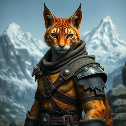 A detailed portrait of an Ohmes-Raht Khajiit from the Skyrim universe, showcasing a unique blend of feline and humanoid traits