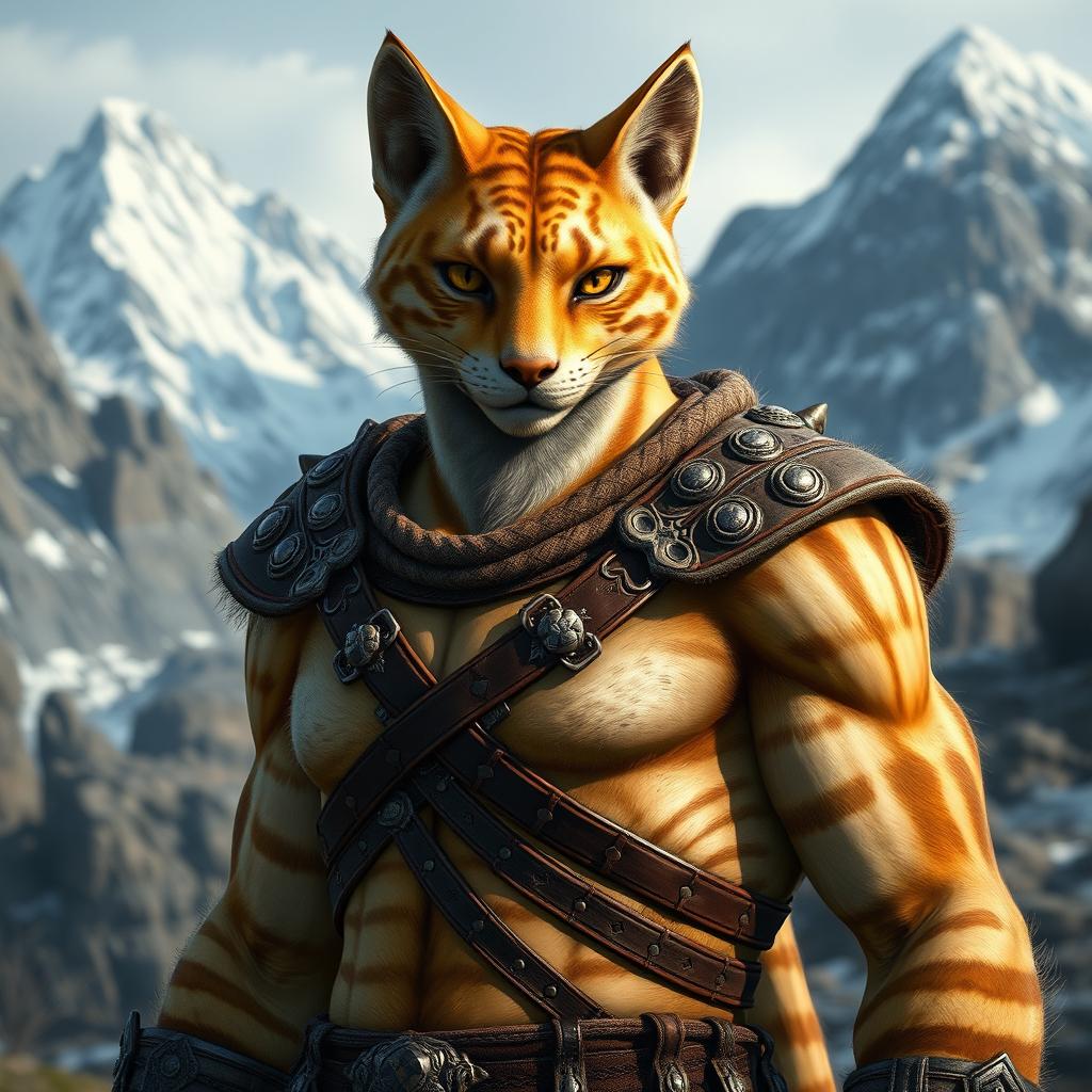 A detailed portrait of an Ohmes-Raht Khajiit from the Skyrim universe, showcasing a unique blend of feline and humanoid traits