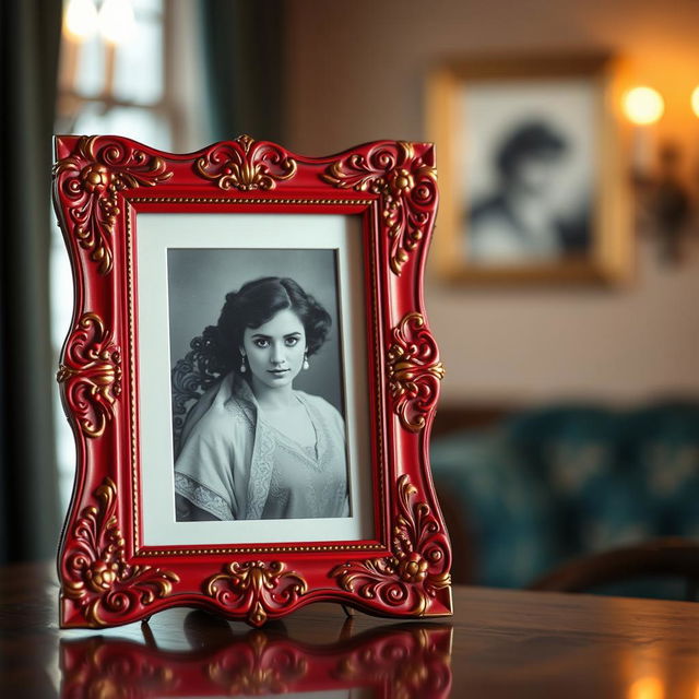 A classic red photo frame elegantly holding a vintage black and white photograph