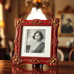 A classic red photo frame elegantly holding a vintage black and white photograph