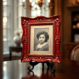 A classic red photo frame elegantly holding a vintage black and white photograph