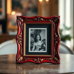 A classic red photo frame elegantly holding a vintage black and white photograph