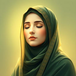 An artistic representation of Fatimah al-Zahra, wearing a traditional hijab that respects her modesty, her radiant face glowing with divine light