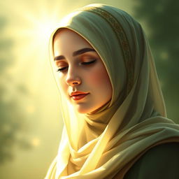 An artistic representation of Fatimah al-Zahra, wearing a traditional hijab that respects her modesty, her radiant face glowing with divine light