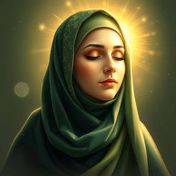An artistic representation of Fatimah al-Zahra, wearing a traditional hijab that respects her modesty, her radiant face glowing with divine light