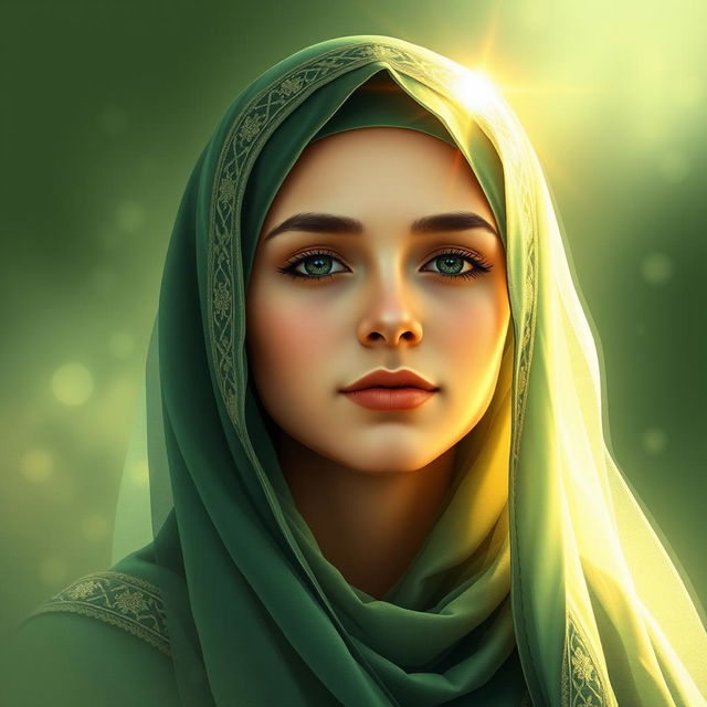 An artistic representation of Fatimah al-Zahra, wearing a traditional hijab that respects her modesty, her radiant face glowing with divine light