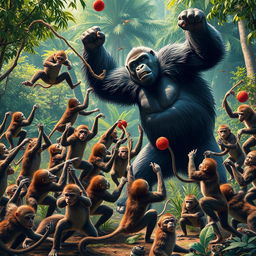 A dramatic scene depicting 20 monkeys engaging in a fierce battle against a gorilla, showcasing the gorilla visibly losing the confrontation