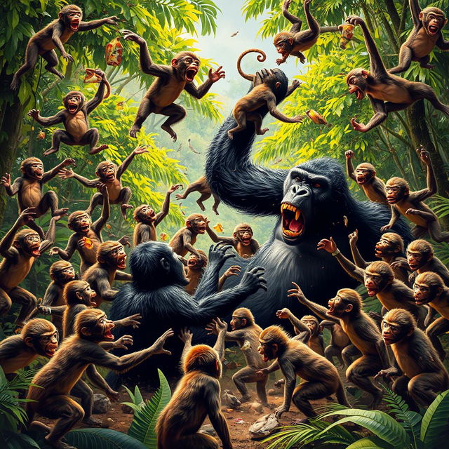 A dramatic scene depicting 20 monkeys engaging in a fierce battle against a gorilla, showcasing the gorilla visibly losing the confrontation