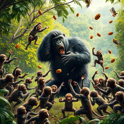 A dramatic scene depicting 20 monkeys engaging in a fierce battle against a gorilla, showcasing the gorilla visibly losing the confrontation