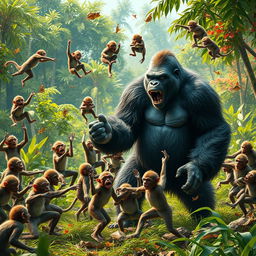 A dramatic scene depicting 20 monkeys engaging in a fierce battle against a gorilla, showcasing the gorilla visibly losing the confrontation