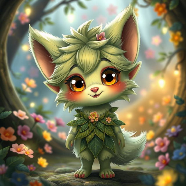 A whimsical furry elf character, showcasing a unique blend of elven elegance and adorable animal-like features