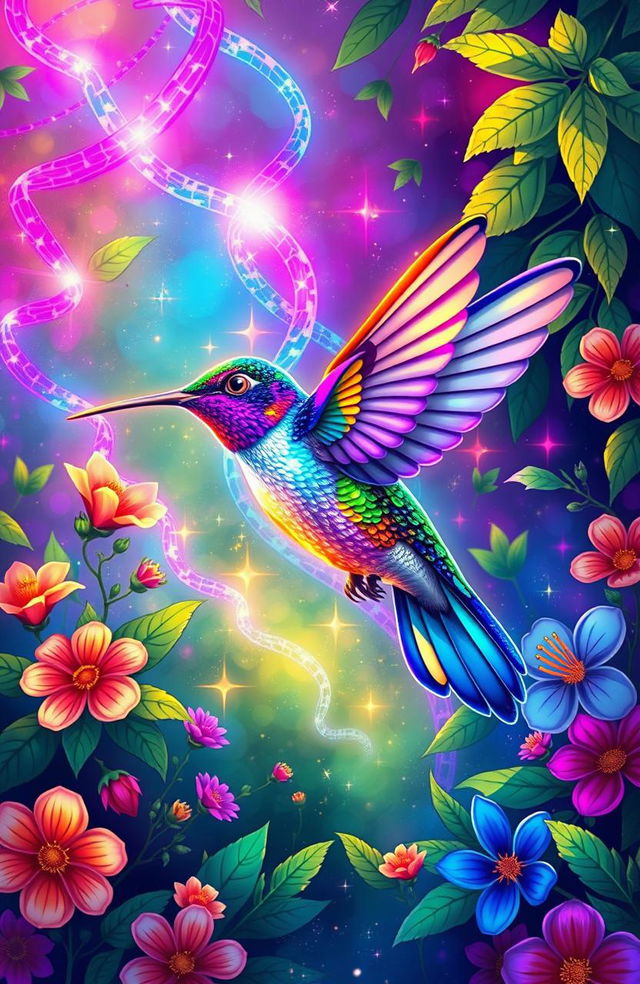 A vibrant and inspiring illustration depicting the wisdom of life represented by a colorful hummingbird, symbolizing vitality and energy