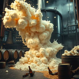 A dramatic scene depicting a giant vat exploding in a brewery, capturing the chaos and intensity of the moment