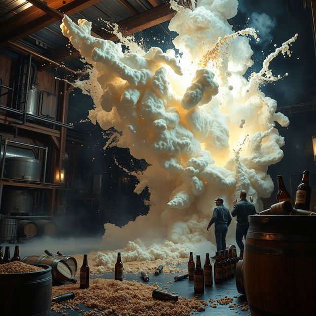 A dramatic scene depicting a giant vat exploding in a brewery, capturing the chaos and intensity of the moment