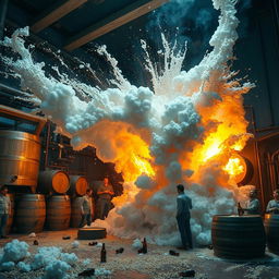 A dramatic scene depicting a giant vat exploding in a brewery, capturing the chaos and intensity of the moment