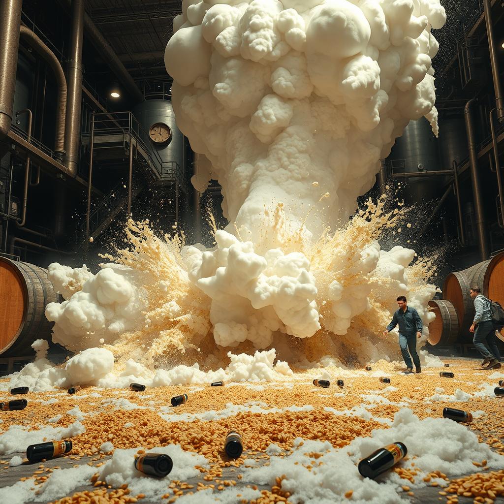 A dramatic scene depicting a giant vat exploding in a brewery, capturing the chaos and intensity of the moment