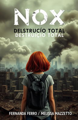 An abandoned city emitting smoke in the background, with a girl standing with her back to the viewer, showcasing her medium-length fiery red hair